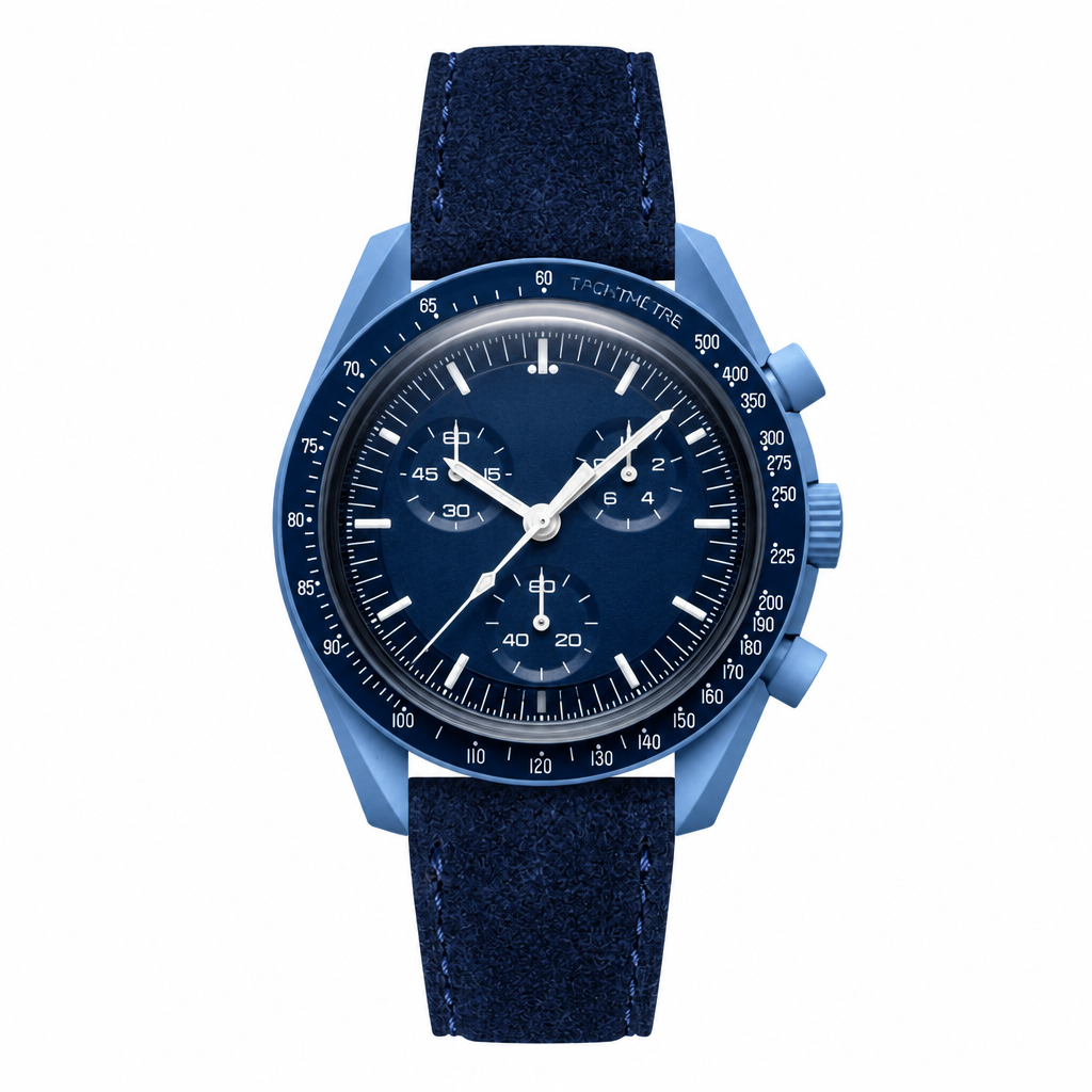 Blue chronograph watch with blue suede strap on white background
