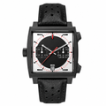 Racing chronograph watch with black square case, black and white dial, red second hand, and black perforated leather strap on white background