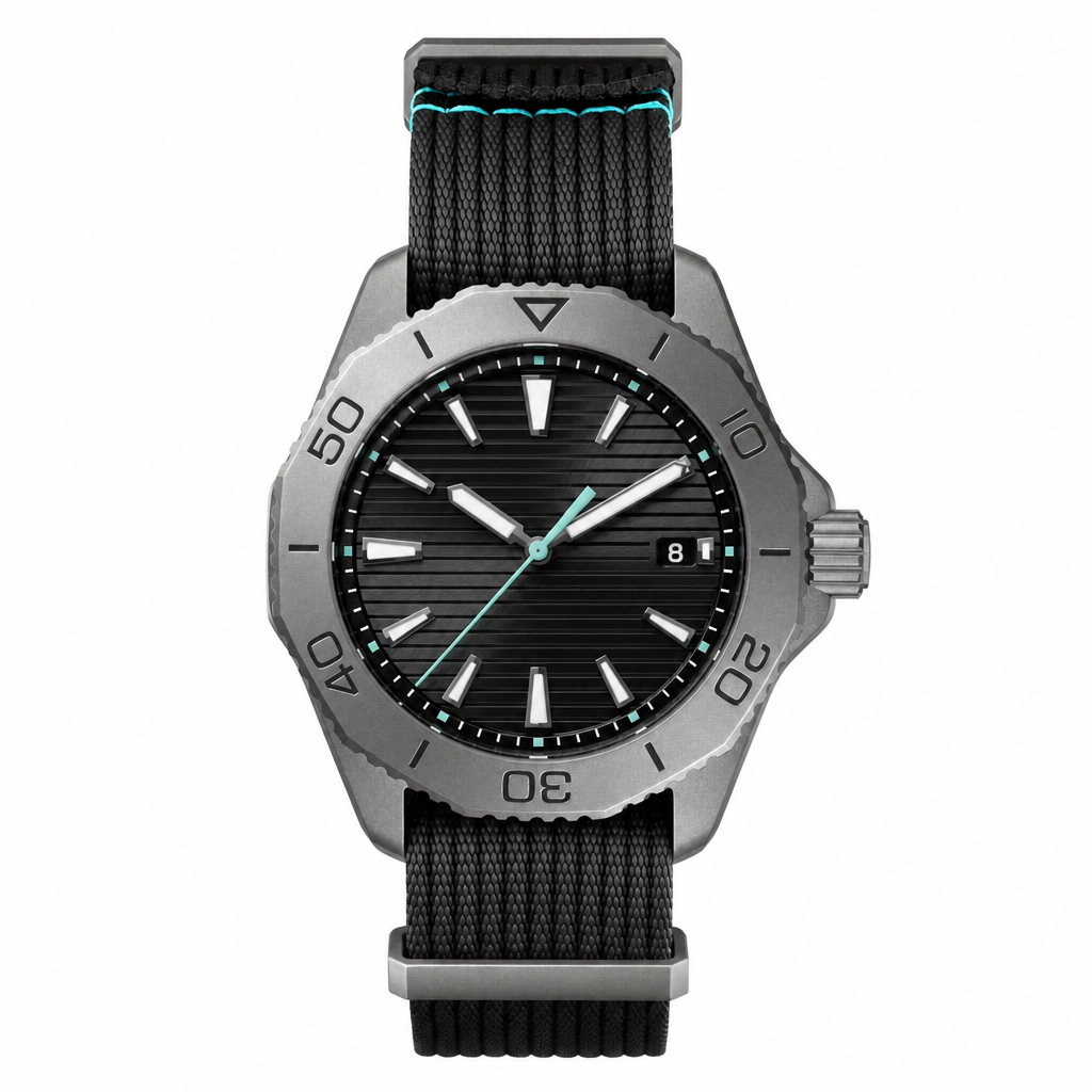 Men's sport watch with black dial, gray titanium case, and black textile strap with blue stitching