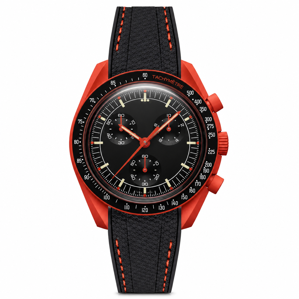 Chronograph watch with red case, black dial and black rubber strap with orange stitching