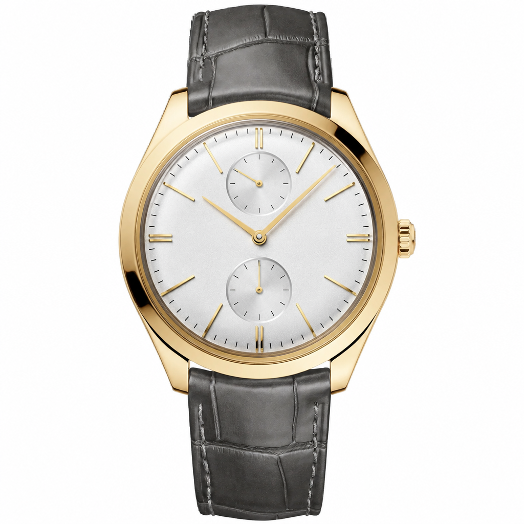 Gold-tone dress watch with white dial and gray leather strap, 40mm case size