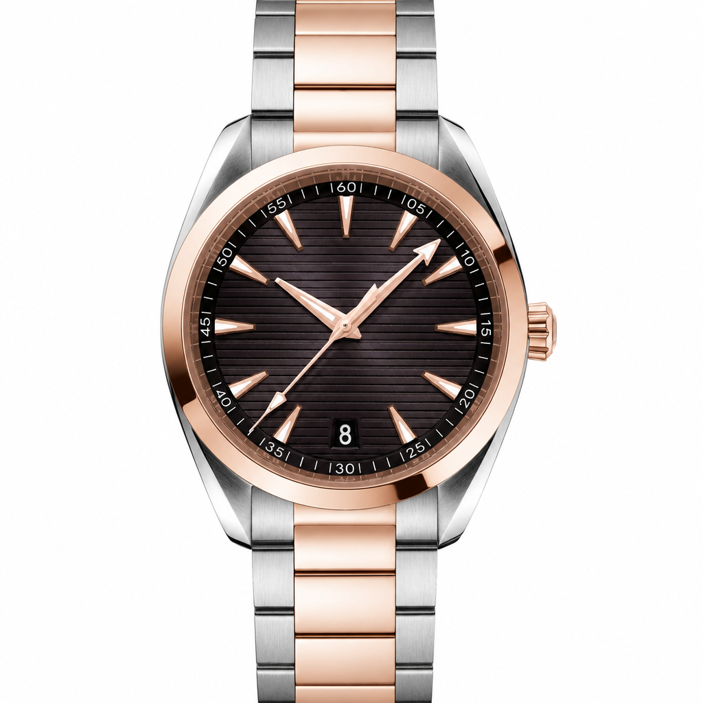 Two-tone metal watch with dark dial, date, and 41mm case