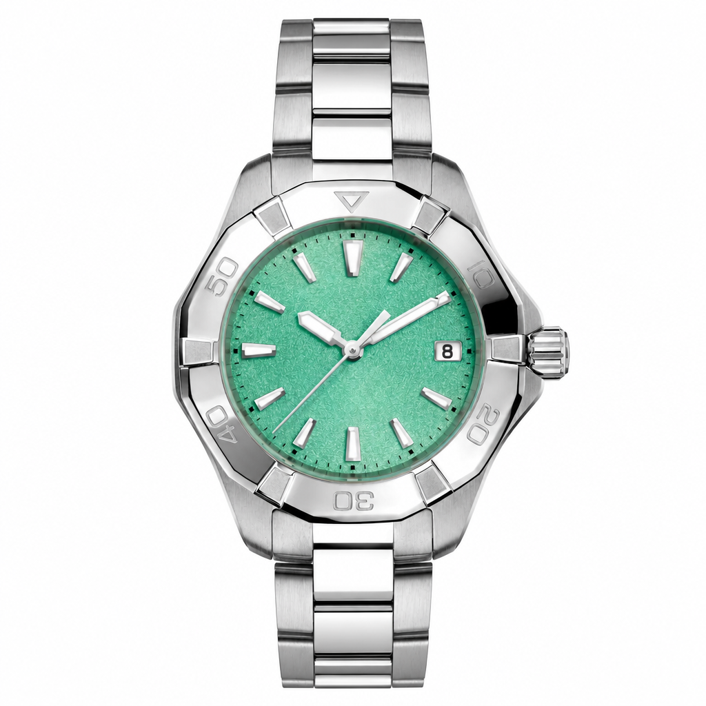 Stainless steel watch with turquoise dial and metal bracelet on white background