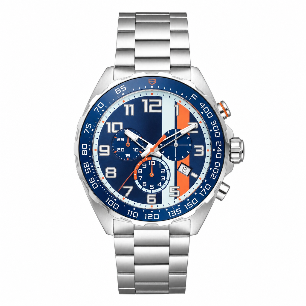 Sporty chronograph watch with blue dial and stainless steel bracelet on white background