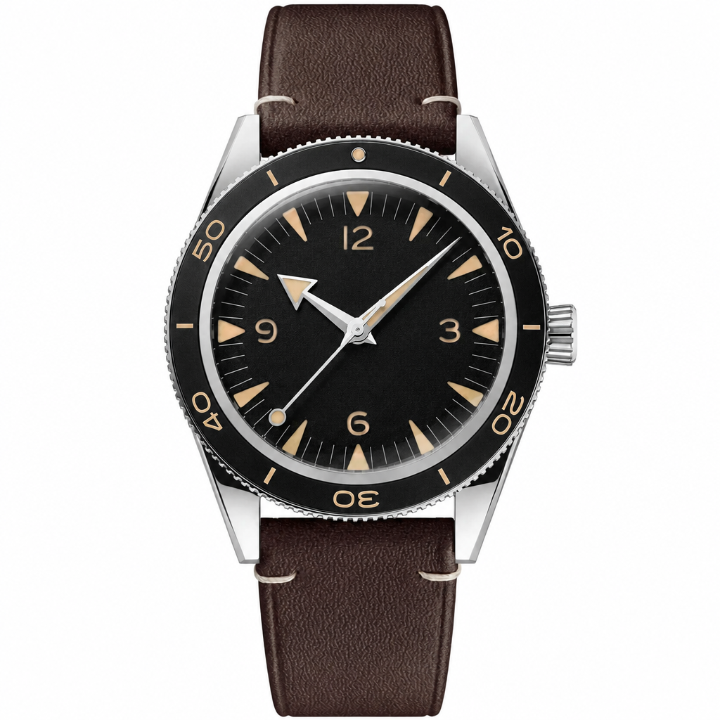 Casual watch with black dial, silver case, and brown leather strap, 41mm case size