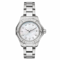 Women's silver-tone dress watch with mother-of-pearl dial and stone bezel on white background