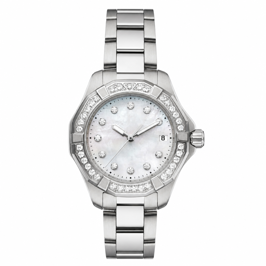 Women's silver-tone dress watch with mother-of-pearl dial and stone bezel on white background