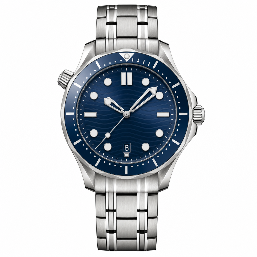 Sport diver watch with blue dial and stainless steel bracelet on white background