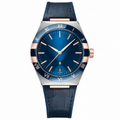 Men's dress watch with blue dial, rose gold markers, and blue leather strap