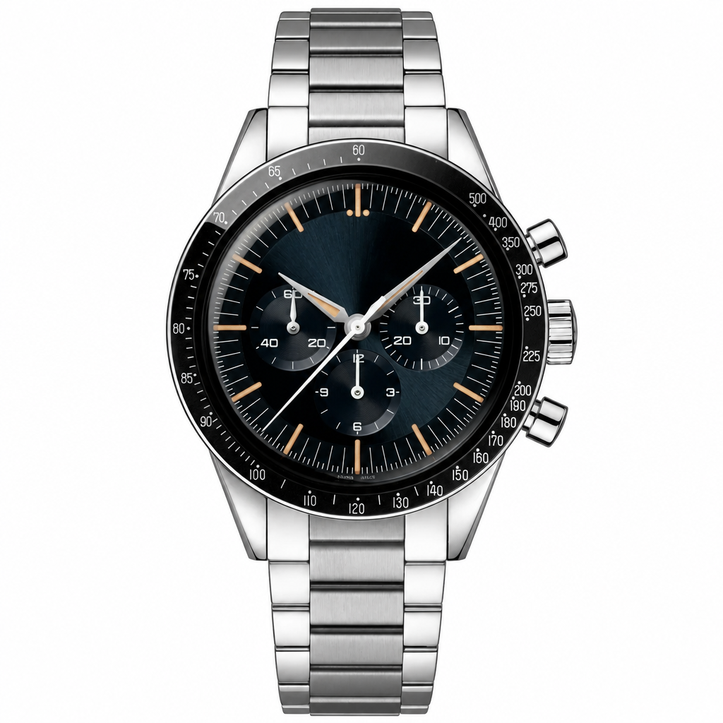 Chronograph watch with black dial and silver metal bracelet