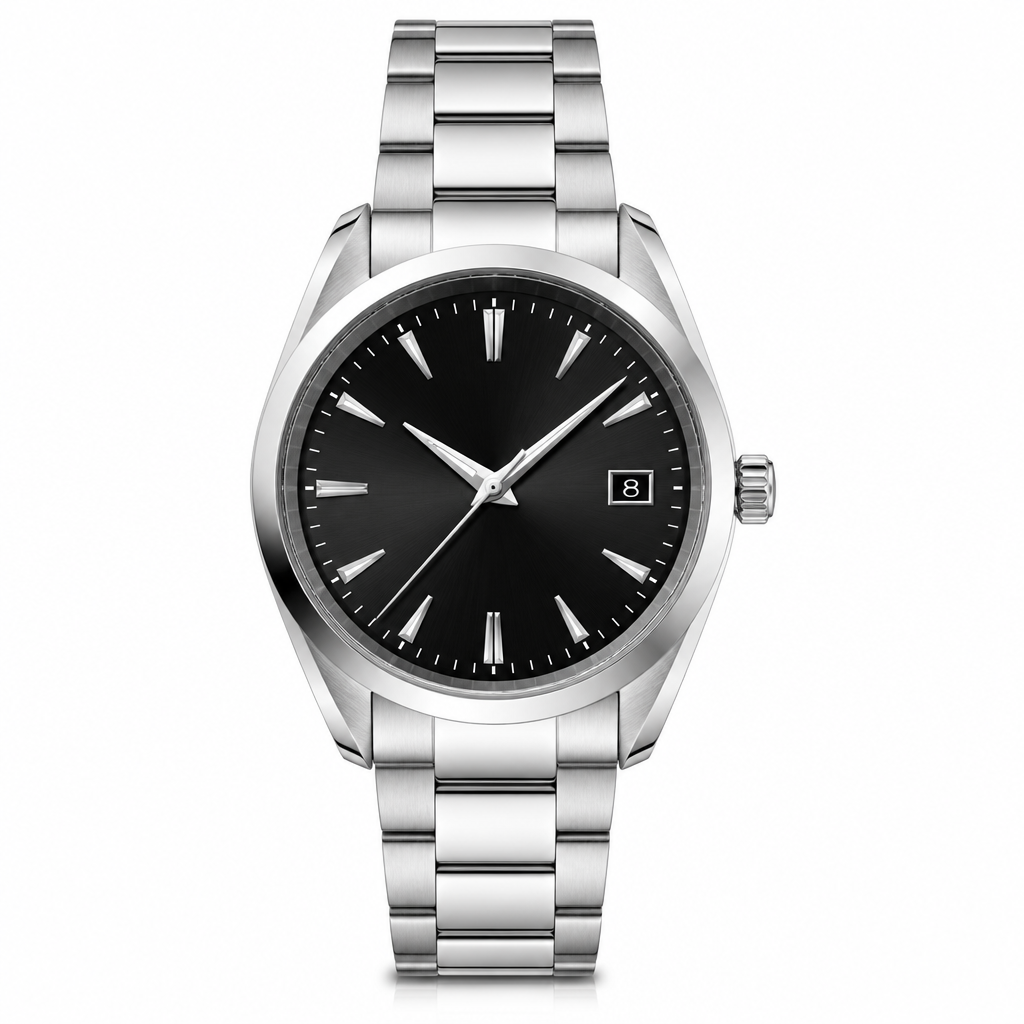 Classic stainless steel watch with black dial and date function