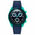 Sport chronograph watch with navy blue dial, turquoise case, and navy blue rubber strap on white background