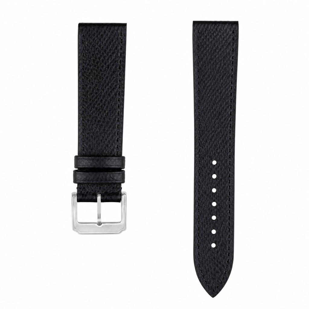 Black leather watch strap with silver buckle, 21mm width