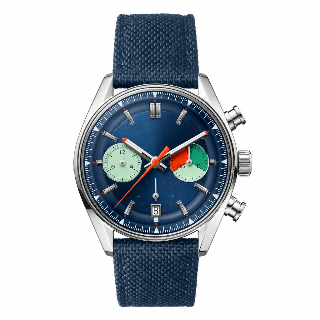 Sport-casual chronograph watch with blue dial, green and orange subdials, silver case, and blue fabric strap on white background