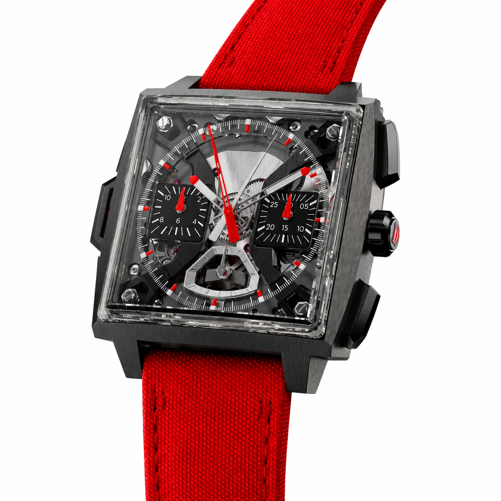 Sport chronograph watch with black dial, red accents, square dark metal case, and red fabric strap
