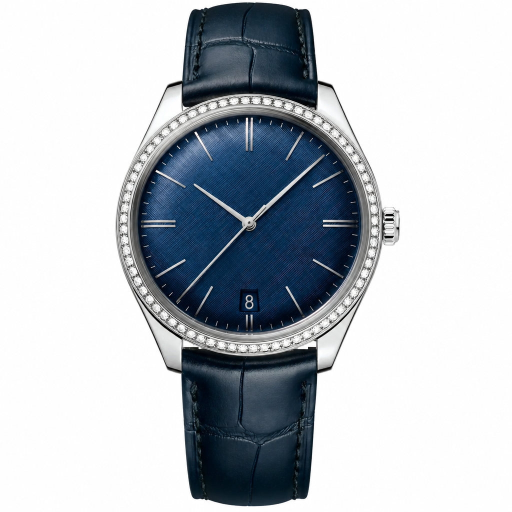Dress watch with blue dial, silver case, and blue leather strap