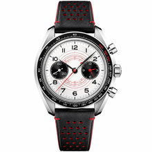 Relógio cronógrafo esportivo de 43 mm com pulseira de couro preta e vermelha