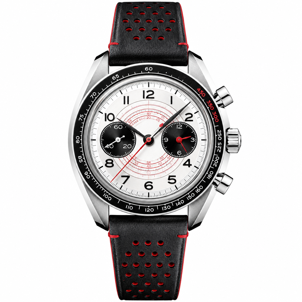Sport chronograph watch 43mm with white dial, black subdials, red accents, and black leather strap with red stitching and perforations