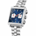 Chronograph watch with blue dial and silver metal bracelet on white background