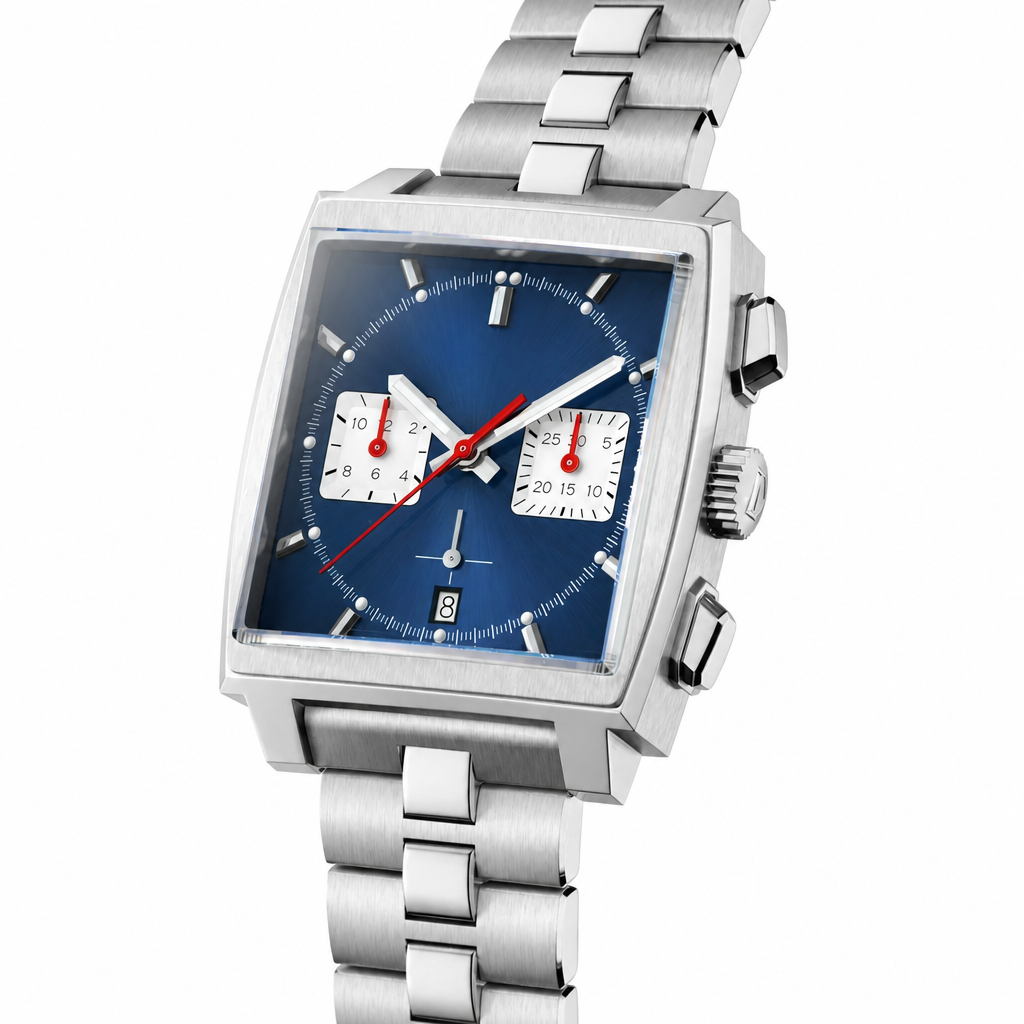 Chronograph watch with blue dial and silver metal bracelet on white background