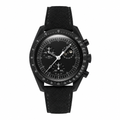 Black moon phase watch with black suede strap on white background