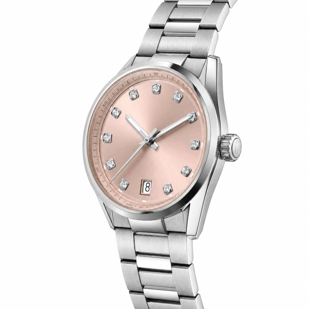 Stainless steel watch with rose gold dial and crystal markers