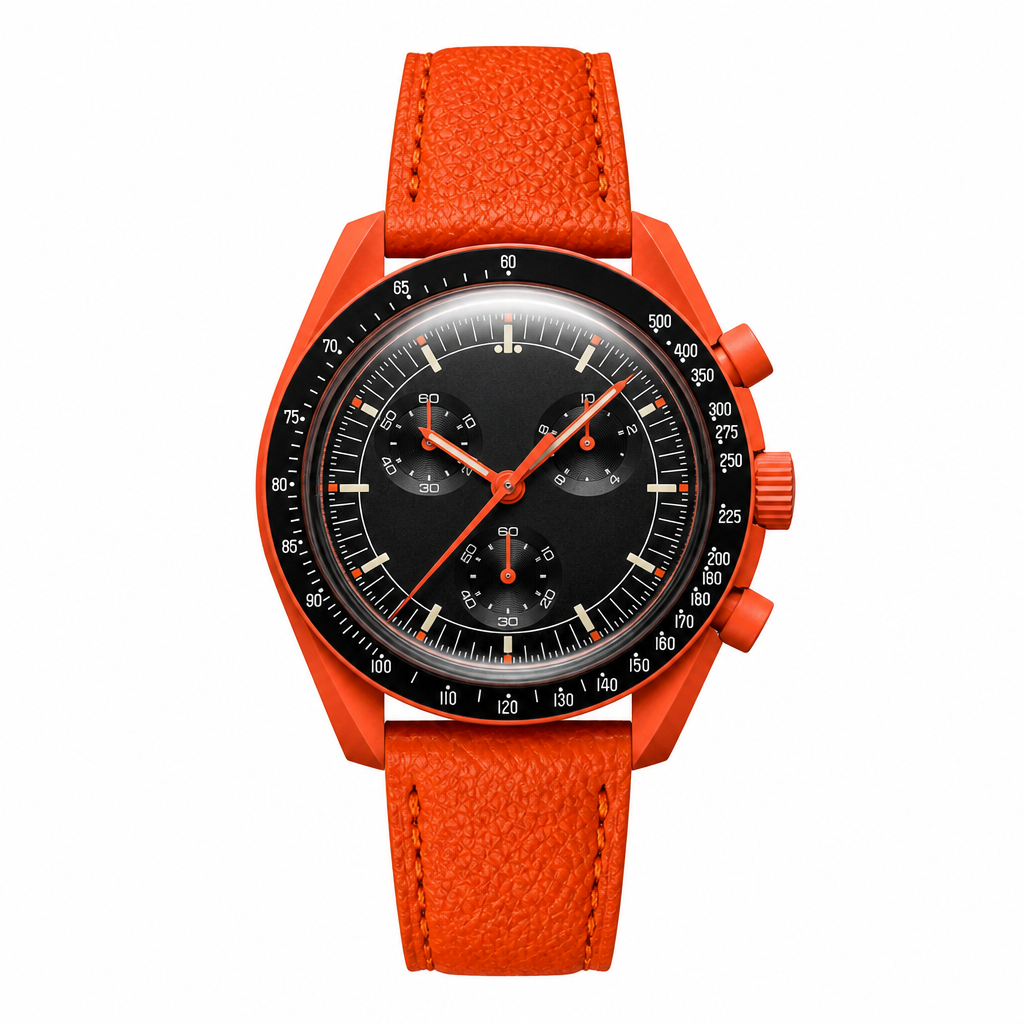Orange casual watch with black dial and leather strap