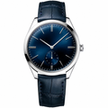 Blue dial dress watch with silver-tone case and blue leather strap