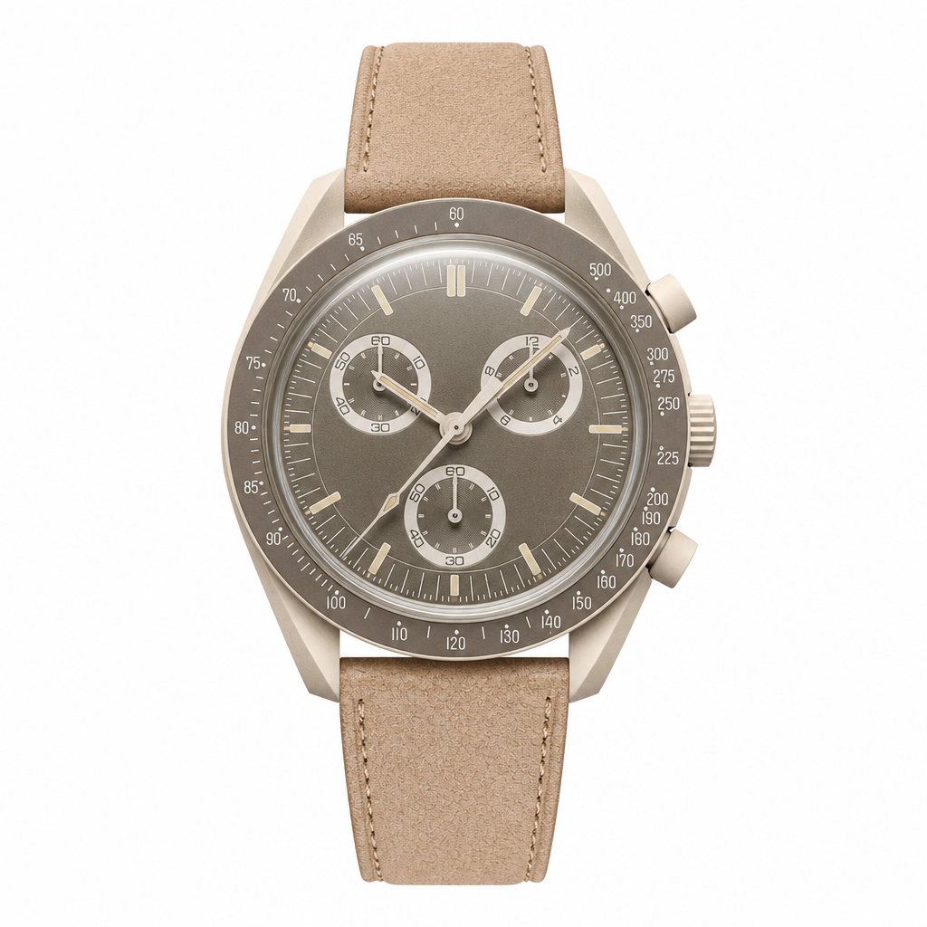 Casual chronograph watch with beige dial and beige suede strap