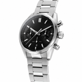 Chronograph sport watch with black dial and stainless steel bracelet on white background