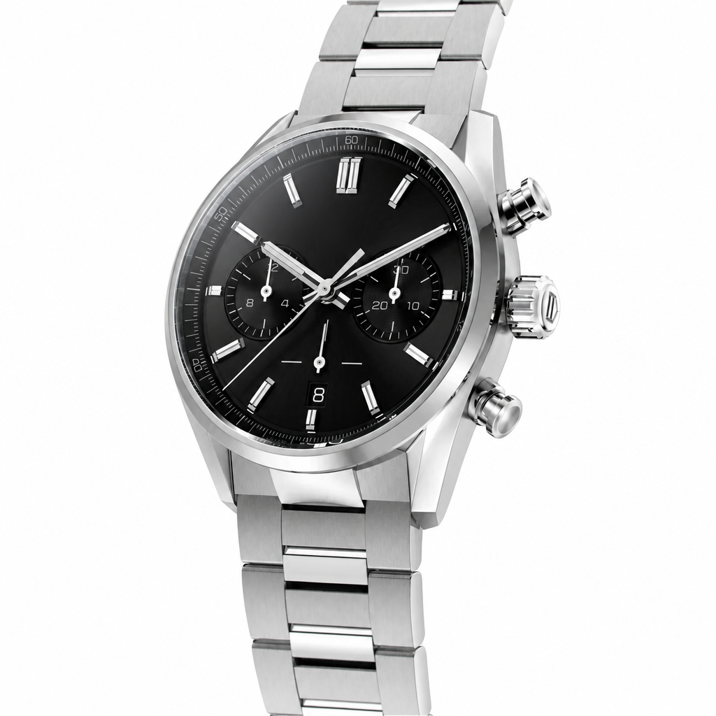 Chronograph sport watch with black dial and stainless steel bracelet on white background