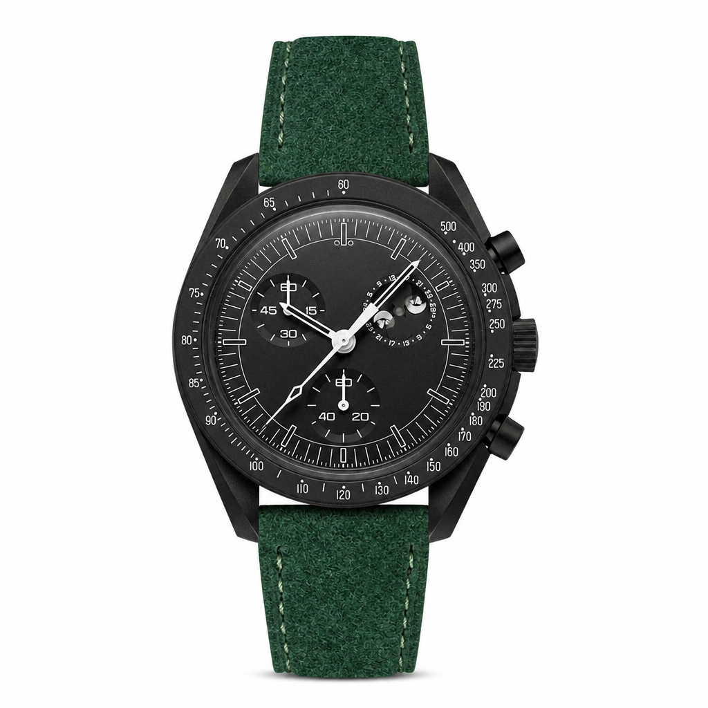 Black dial chronograph watch with green suede strap on white background
