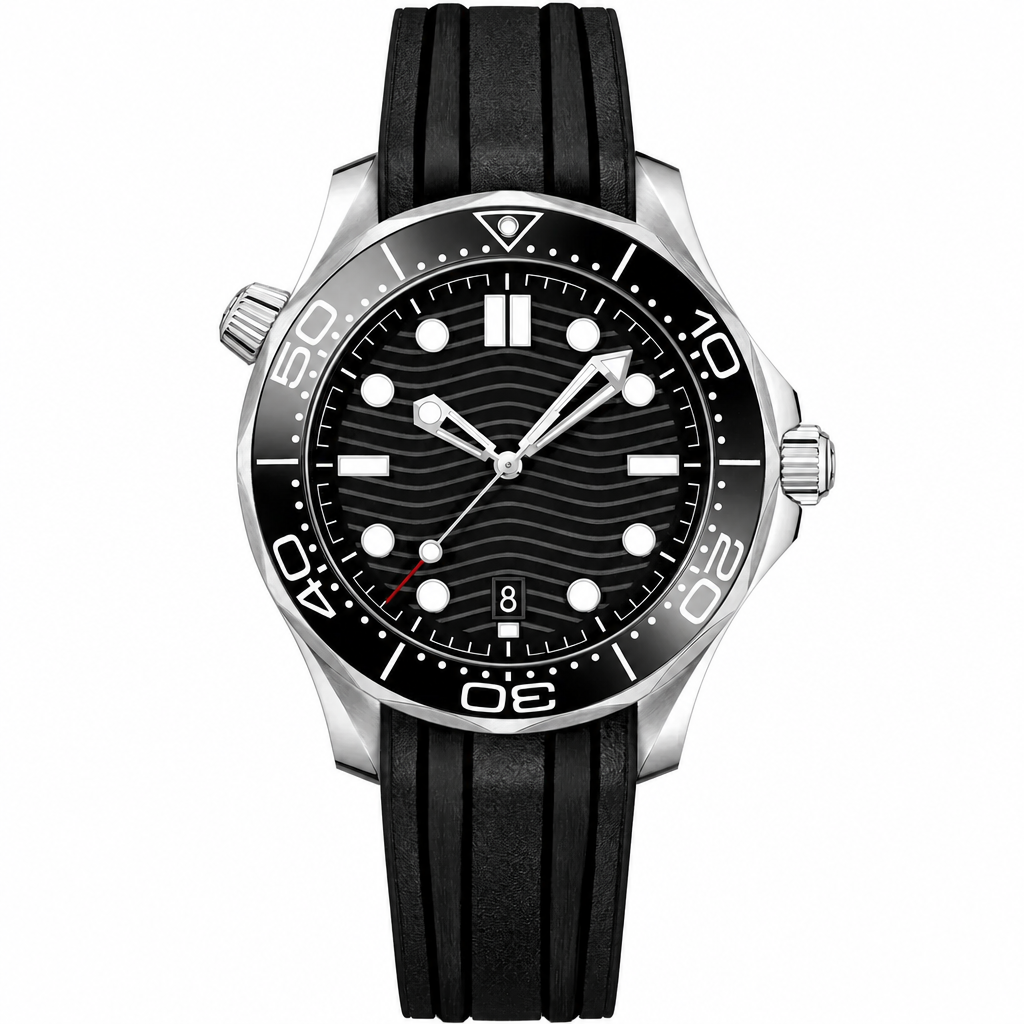 Diver style watch with black dial and black rubber strap 42mm