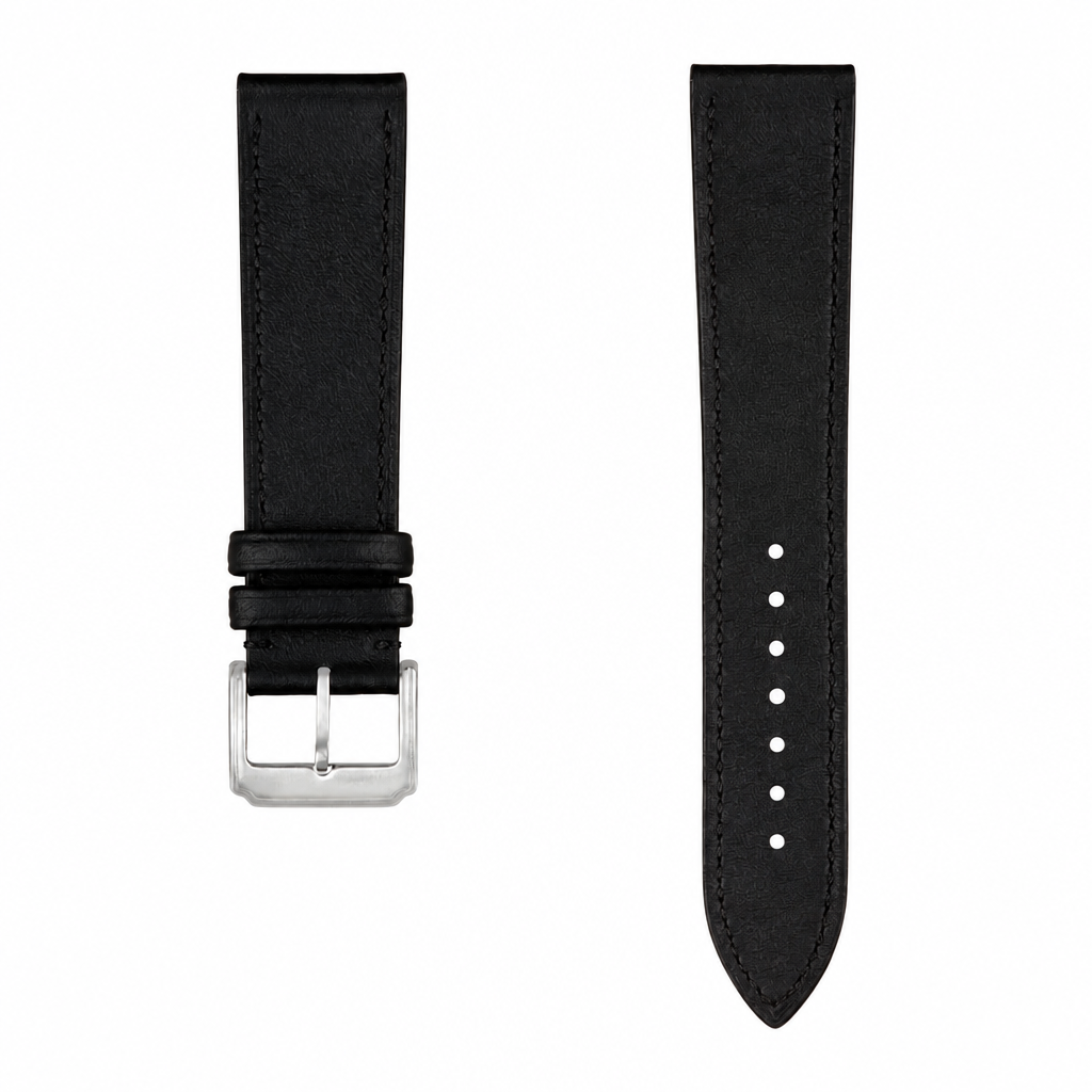 Black leather watch strap with silver buckle, 21mm width