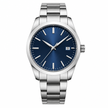 Relógio social de aço inoxidável com mostrador azul, 42 mm