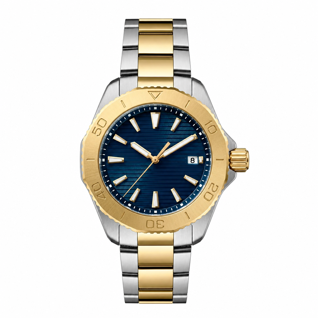 Two-tone silver and gold metal watch with blue dial on white background