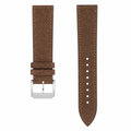 Brown suede leather watch strap with silver-tone buckle on white background