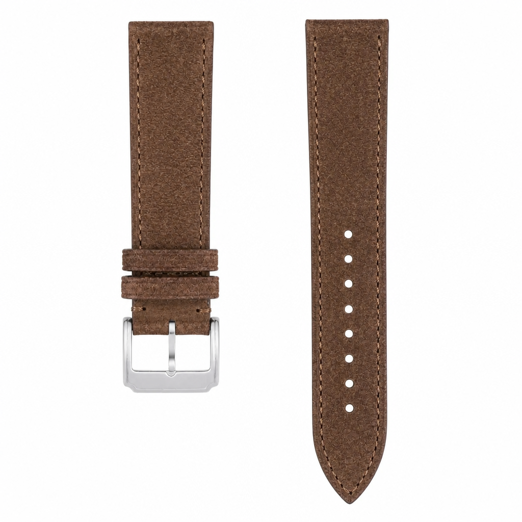 Brown suede leather watch strap with silver-tone buckle on white background