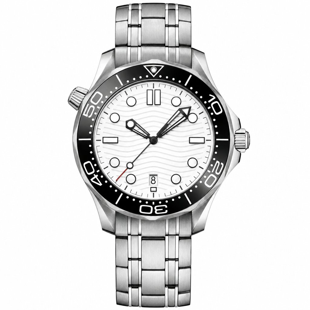 classic stainless steel diver watch with white dial and black bezel on white background