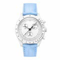 White dial watch with light blue leather strap on white background