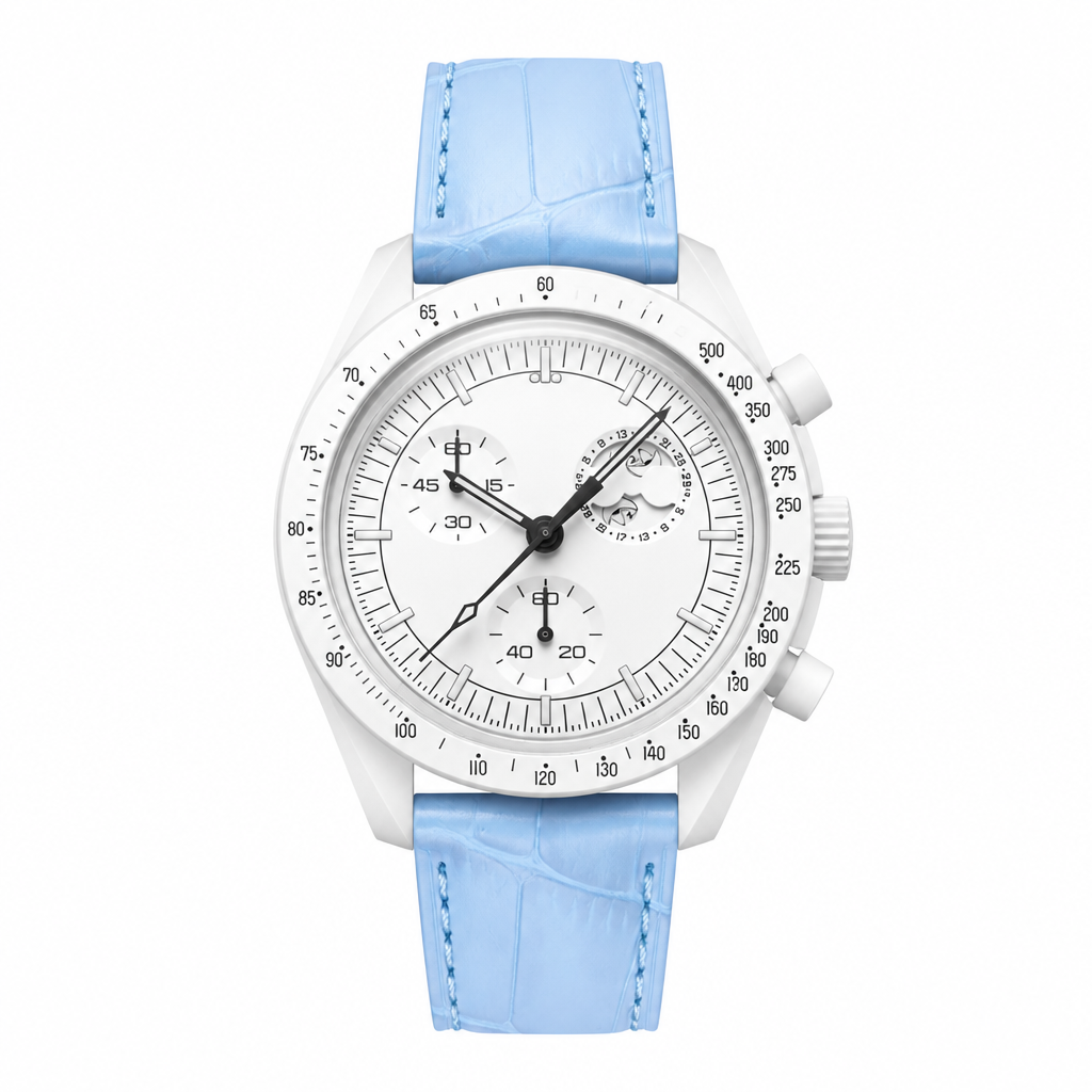 White dial watch with light blue leather strap on white background