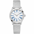 Small women's silver-tone dress watch with white dial and blue Roman numerals