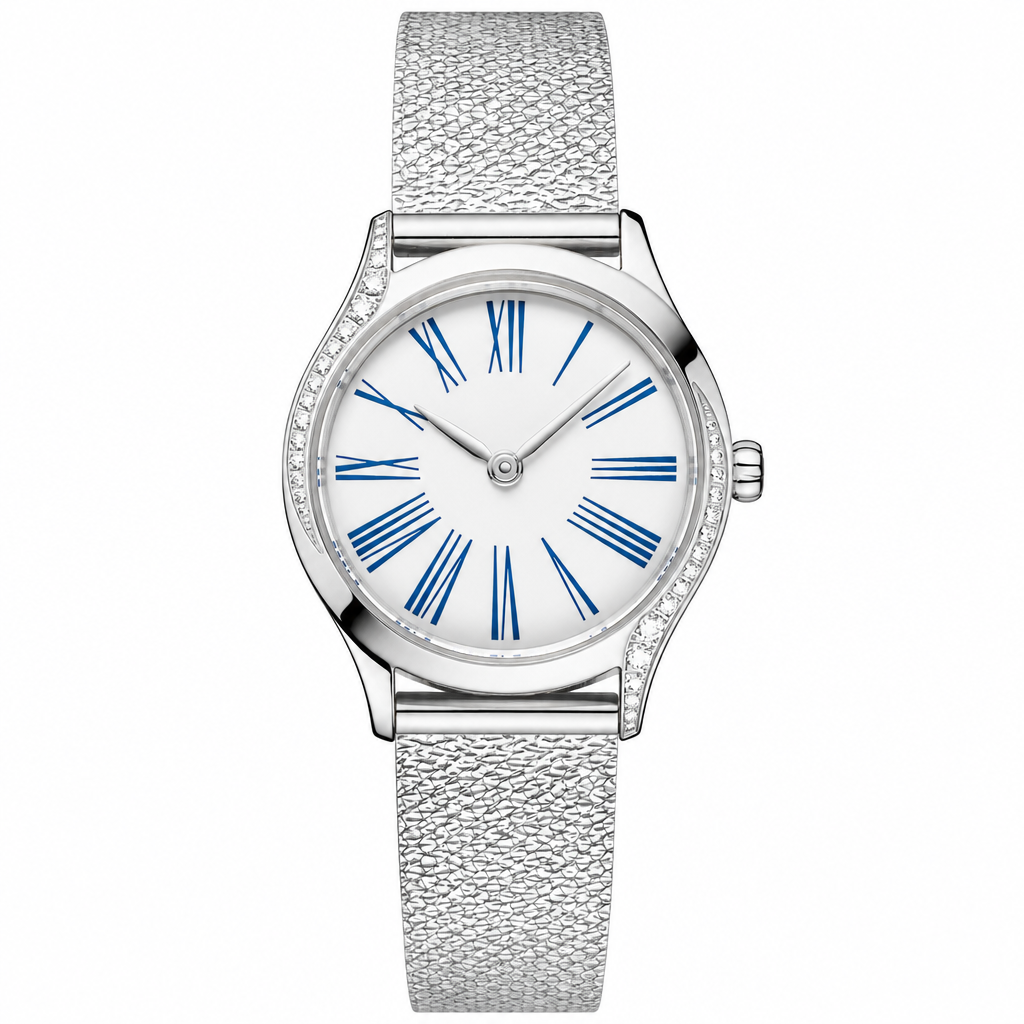 Small women's silver-tone dress watch with white dial and blue Roman numerals
