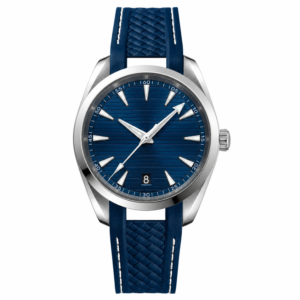 Casual watch with blue dial and blue rubber strap, 38mm case