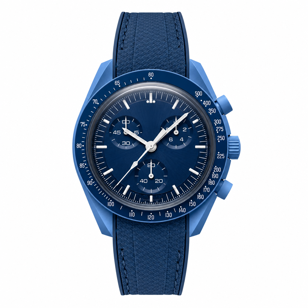 Blue chronograph watch with blue dial, blue case, and textured blue rubber strap on white background