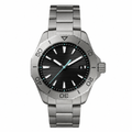 Sport diver style watch with black dial, luminous markers, stainless steel bracelet, and unidirectional bezel
