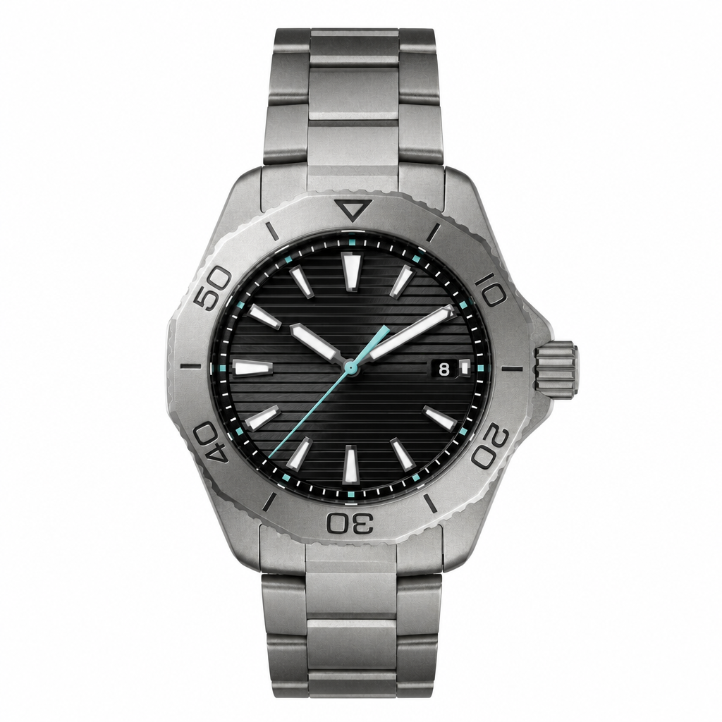 Sport diver style watch with black dial, luminous markers, stainless steel bracelet, and unidirectional bezel
