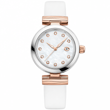Relógio elegante de punho com pulseira branca e caixa em prata e ouro rosa