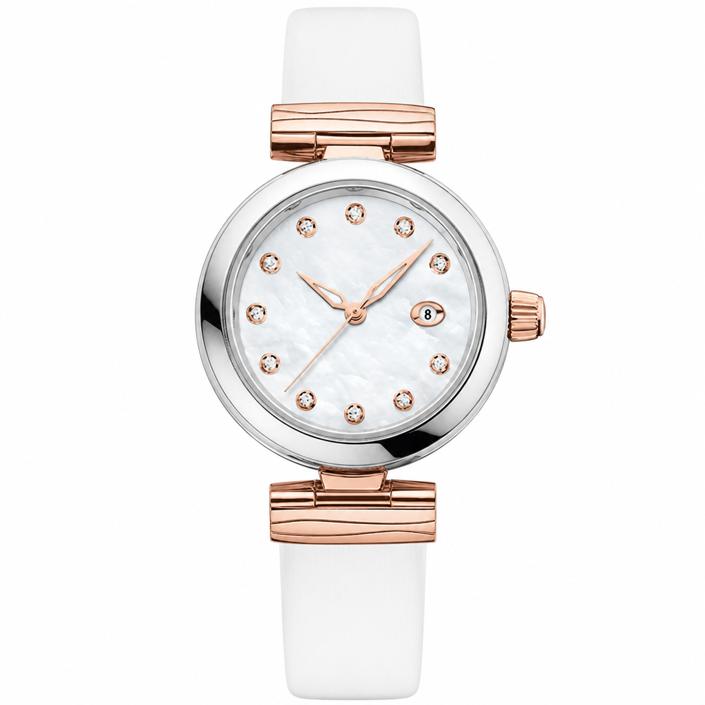 Elegant dress watch with white strap and silver and rose gold-tone case on white background