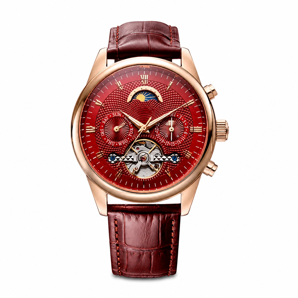 Dress watch with rose gold tone case and burgundy leather strap product photo